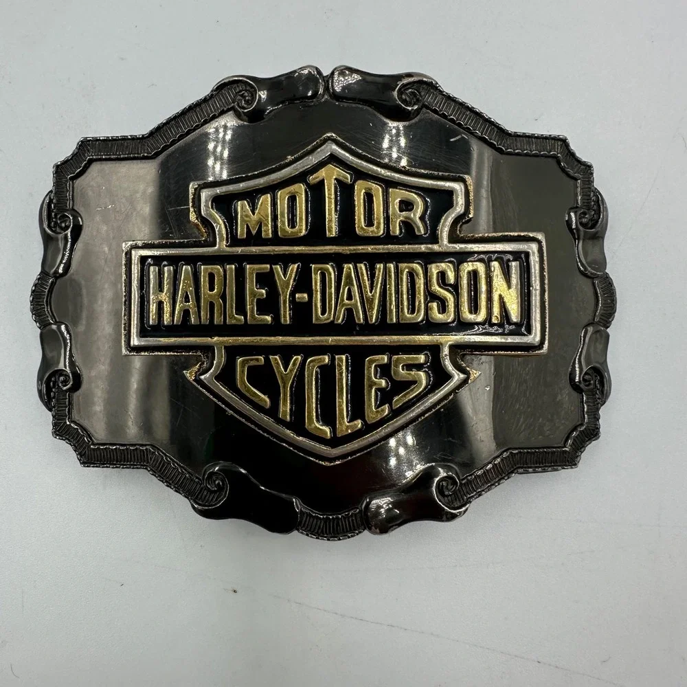 Vintage Harley-Davidson Belt Buckle OS Black Gold Bar Shield Logo Biker western